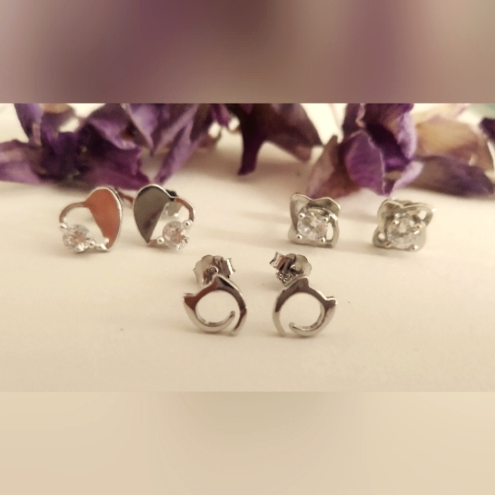 Silver Stud Shape Earrings Pack with Sterling Backers NWT Cat Flower Heart ❤️😸